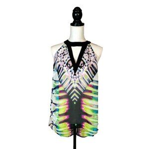 Bisou Bisou Top M Womens Geometric Sleeveless Keyhole Sheer Halter Tunic Blouse